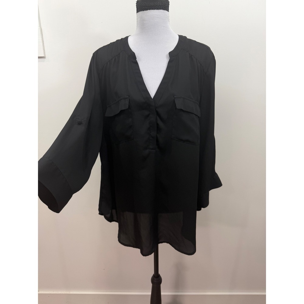 Torrid Black Georgette Roll Tab Sleeve V-Neck Blouse Top Plus Size 1